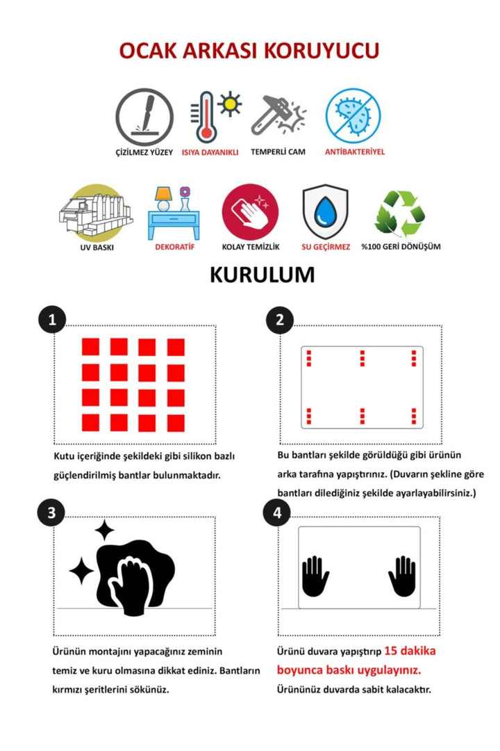 Cam Ocak Arkası Koruyucu Ankastre Arkası Koruyucu Gri Su Damlası