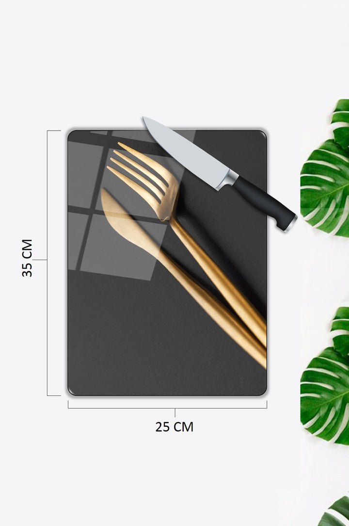 Altın Çatal Bıçak Desen Cam Kesme Tablası